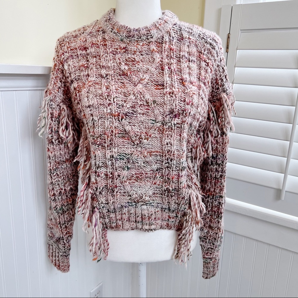 Joie Rainbow Cable Knit Fringe Detail Wool Blend Meghan Sweater Size XS